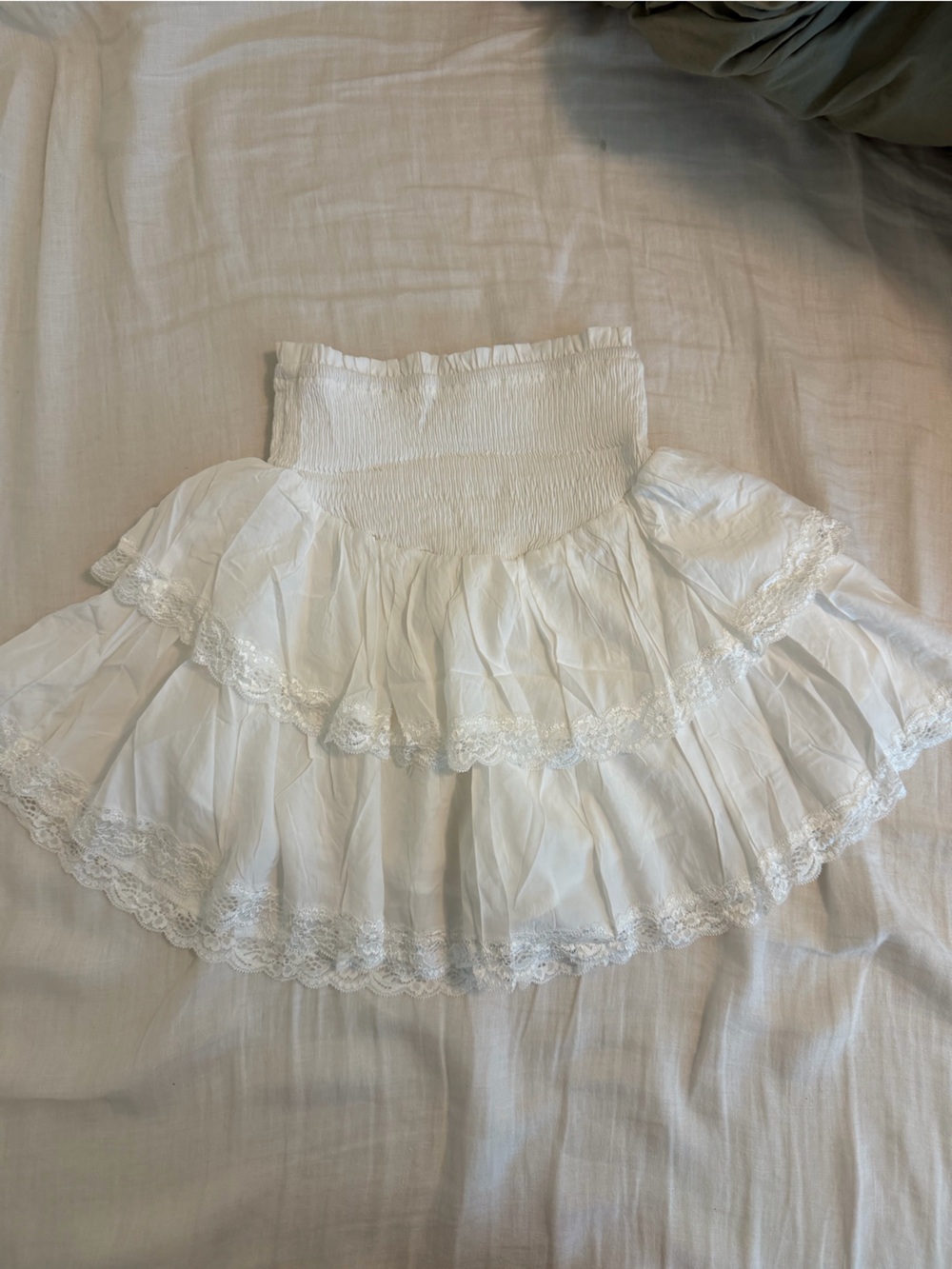Amazon White Smocked Tiered Lace Mini Skirt